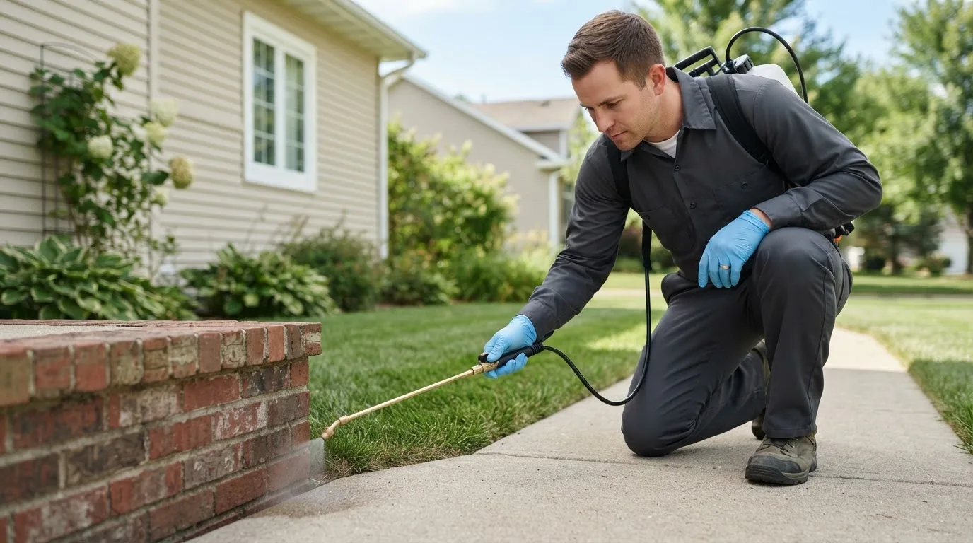 Pest control technician treating a home near Schwertner, TX
