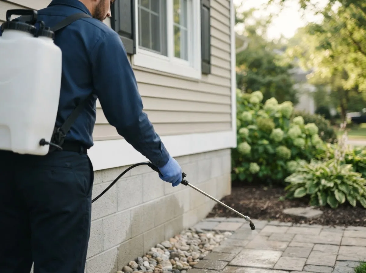 Pest control technician inspecting a home in Schwertner, TX